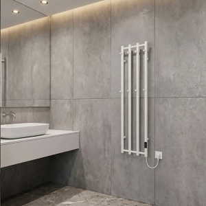 Calorifer electric vertical pentru baie Kasjan Alb – 140.5 x 34.6 cm, 250W cu panou LED si suport prosoape - Img 18