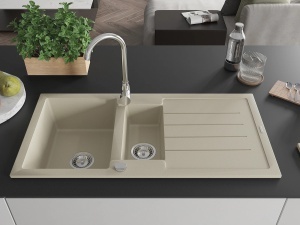 Chiuveta bucatarie din granit cu 1.5 compartimente si scurgator Pro Andres 100 x 50 cm, bej cu sifon crom - Img 3