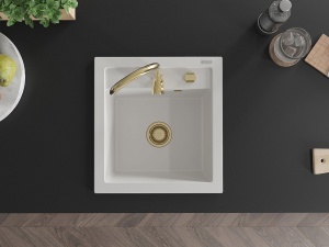 Chiuveta bucatarie din granit, culoare alba cu sifon auriu, dimensiune 52x49cm - Img 4