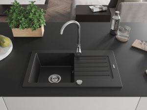 Chiuveta Bucatarie Granit cu 1 compartiment si scurgator, culoare negru, sifon crom, dimensiune 75.2x43.6cm - Img 2
