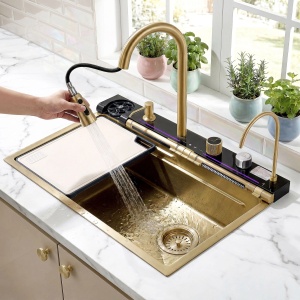 Chiuvetă bucatarie multifuncțională din oțel 10 în 1 REA Alonzo Brush Gold - Img 13