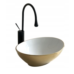 Chiuveta De Blat PRO VERA GOLD WHITE-GOLD, Dimensiuni 40,5 x 33 x 14 Cm, Montaj Pe Blat, Design Deosebit, Forma Ovala, Ceramica Sanitara, Alb / Auriu - Img 1