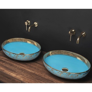 Chiuveta de blat REA MARGOT, Dimensiuni 42 x 34x 14 cm, Forma Ovala, Ceramica sanitara, Albastru/Auriu - Img 2