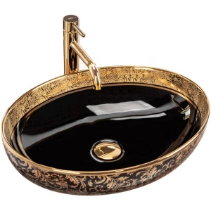 Chiuveta de blat REA MARGOT, Dimensiuni 52 x 40x 14 cm, Forma Ovala, Ceramica sanitara, Negru/Auriu - Img 1