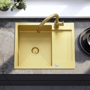 Chiuveta de bucatarie Inox PAUL, Model modern, Culoare Gold Brush cu baterie - Img 5