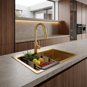 Chiuveta din inox cu set de accesorii Rea Leo 50 Brush Gold - Img 2