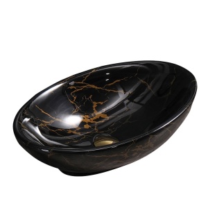 Chiuveta lavoar oval cu montaj pe blat, din ceramica,Lumo Black Marble Gloss 53 x 33 cm