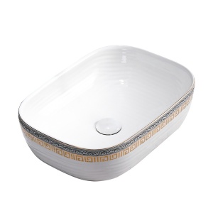 Lavoar ceramic dreptunghiular alb cu decoratiuni gri-aurii si montaj pe blat Milo White Gloss 45 x 32 cm