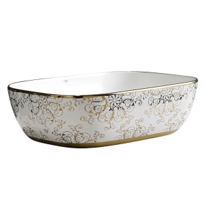Lavoar ceramic dreptunghiular alb cu detalii florale aurii Milo White Gloss 45 x 32 cm - Img 5