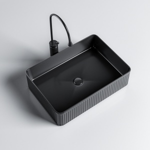Lavoar ceramic dreptunghiular cu caneluri si montaj pe blat Aura Black Gloss 50 x 34 cm - Img 3