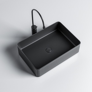 Lavoar ceramic dreptunghiular cu caneluri si montaj pe blat Aura Black Matt 50 x 34 cm - Img 3
