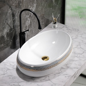Lavoar ceramic oval alb cu decoratiune aurie Cari 60 x 40 cm - Img 6