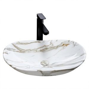 Lavoar ceramic oval alb marmorat cu montaj pe blat Lavi White Gloss 62 x 36 cm - Img 7