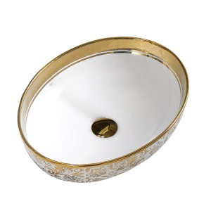 Lavoar ceramic oval cu interior alb si decoratiuni florale aurii in exterior Kini 50 x 37 cm