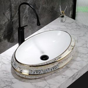 Lavoar ceramic oval cu interior alb si exterior cu decoratiuni aurii Yoko 60 x 40 cm - Img 4