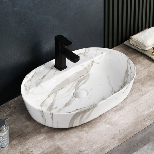 Lavoar ceramic oval cu montaj pe blat, marmura alb lucioasa Emi White Gloss 60 x 40 cm - Img 2