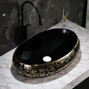 Lavoar ceramic oval negru cu decoratiuni aurii si montaj pe blat Cari 60 x 40 cm - Img 9