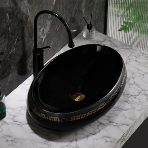 Lavoar ceramic oval negru lucios cu decoratiuni aurii Cari 60 x 40 cm - Img 4