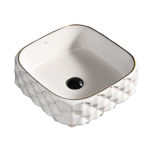 Lavoar ceramic patrat alb cu decoratii aurii si montaj pe blat Pearl White 40 x 40 cm - Img 6