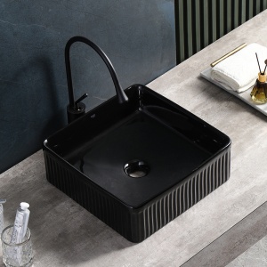 Lavoar ceramic patrat cu caneluri si montaj pe blat Aura Black Gloss 37 x 13 cm - Img 9