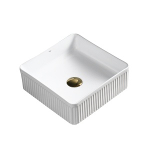 Lavoar ceramic patrat cu caneluri si montaj pe blat Aura White Gloss 37 x 37 cm - Img 8