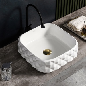 Lavoar ceramic patrat cu decoratii exterioare si montaj pe blat Pearl White 40 x 40 cm - Img 4