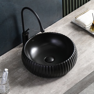 Lavoar ceramic rotund cu caneluri si montaj pe blat Naomi Black Matt 40 x 15 cm - Img 7