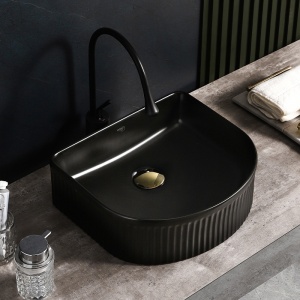Lavoar ceramic semirotund cu caneluri si montaj pe blat Fino Black Gloss 40 x 35 cm - Img 2
