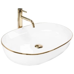 Lavoar De Blat REA CLEO ALB cu MARGINEA AURIE, Dimensiuni 60.5 X 41 X 14 Cm, Montaj Pe Blat, Forma Ovala, Ceramica Sanitara, Alb/Auriu - Img 1
