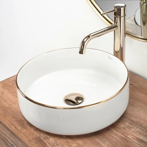 Lavoar De Blat REA SAMI GOLD EDGE, Dimensiuni 36 X 36 X 11.5 Cm, Forma Rotunda, Ceramica Sanitara, Alb/Auriu - Img 4