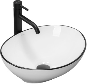 Lavoar De Blat REA SOFIA BLACK EDGE, Dimensiuni 41 X 34.5 X 15 Cm, Montaj Pe Blat, Design Deosebit, Forma Ovala, Ceramica Sanitara, Alb - Img 1