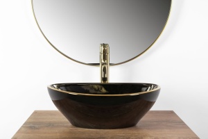 Lavoar De Blat REA SOFIA BLACK GOLD EDGE, Dimensiuni 41 X 34.5 X 15 Cm, Montaj Pe Blat, Design Deosebit, Forma Ovala, Ceramica Sanitara, Negru - Img 3