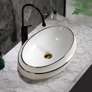 Lavoar oval cu montaj pe blat Yoko, alb cu rame aurii lucioase 60 x 40 cm - Img 12