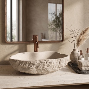 Lavoar pe blat Rea Isla Warm Beige cu textura de piatra naturala - Img 4