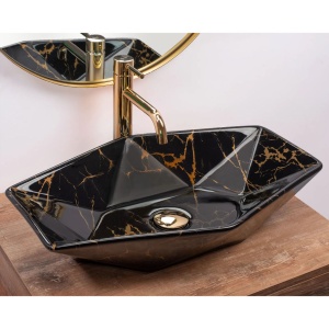 Lavoar REA VEGAS Black Shiny, 57x37x12cm, montaj pe blat, design deosebit, ceramica sanitara, Negru Lucios - Img 5