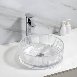 Lavoar rotund din sticla transparenta si frezata cu montaj pe blat Brillant 40 x 12 cm - Img 5