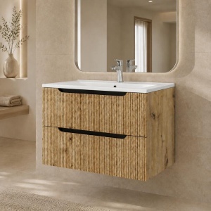 Mobilier suspendat pentru lavoar Fluminia Malta riflat 80 cm Rovere Oro - Img 2