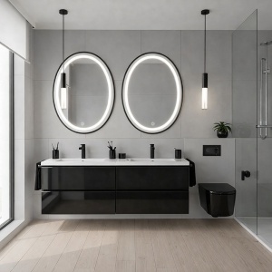 Oglinda ovala cu LED in 3 culori antiaburire si rama neagrea Emilia 60 x 80 cm - Img 10