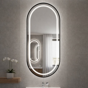 Oglinda ovala cu LED in 3 culori si rama neagra Aurelia 40 x 80 cm