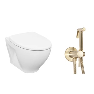 Pachet vas wc suspendat Cersanit Moduo, capac soft-close si set dus igiena intima auriu cu baterie incastrata Rea Loop - Img 1