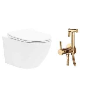 Pachet vas wc suspendat Rea Carlo Mini Basic, capac softclose si set dus igiena intima auriu cu baterie incastrata Invena Bidetta - Img 1