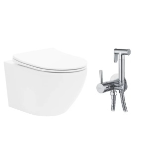 Pachet vas wc suspendat Rea Carlo Mini Basic, capac softclose si set dus igiena intima crom cu baterie incastrata Invena Bidetta - Img 1