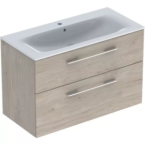 Set mobilier baie suspendat Geberit Selnova Square 100 x 48 cm cu lavoar si 2 sertare nuc american deschis