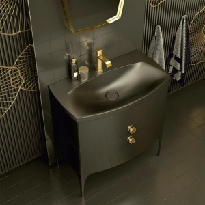 Set mobilier baie suspendat Oristo Louis negru 4 sertare cu lavoar dublu alb mat 144 cm - Img 8