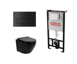 Set ramă de montaj cu rezervor și clapetă de acționare negru mat Alcadrain și vas WC suspendat Fluminia Ricci Tornado negru mat