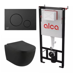 Set rezervor WC cu cadru incastrat Alcadrain AM101/1120 si clapeta M678 negru plus vas WC Fluminia Minerva cu capac softclose - Img 1