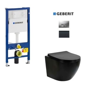 Set Vas WC PRO GEBERIT, Montaj Suspendat, Ceramica Sanitara,Fluminia Ricci negru mat RIMLESS + Capac SLIM Soft-Close Inclus + Cadru + Clapeta