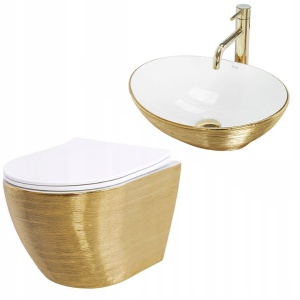 Set Vas WC REA CARLO BRUSH GOLD Si Lavoar REA SOFIA GOLD, Lavoar 41 X 34.5 X 15 cm,Vas WC 49 X 37 X 33 Cm, Scaun Soft-Close Inclus, Auriu/Alb - Img 1