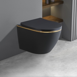 Vas de toaleta suspendat Mizu Black Matt&Gold, rimless, cu capac din duroplast cu softclose - Img 2