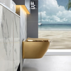 Vas WC suspendat Mizu Tornado Gold & White, rimless cu capac softclose - Img 9